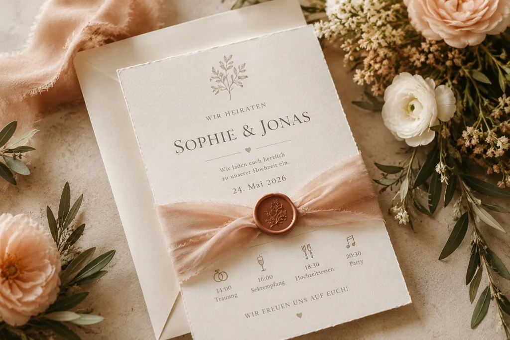 Hochwertige Hochzeitseinladung mit Umschlag, Siegel, Schleife und floralen Details