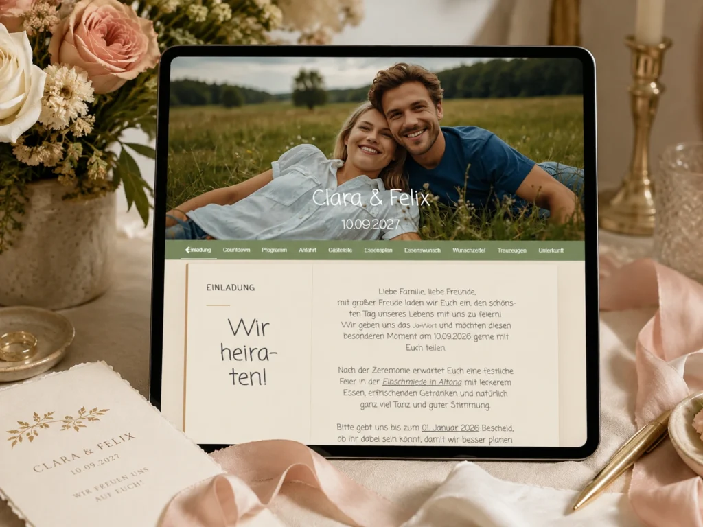 Hochzeitshomepage auf einem Tablet mit Titelbild, Navigation und digitaler Einladung