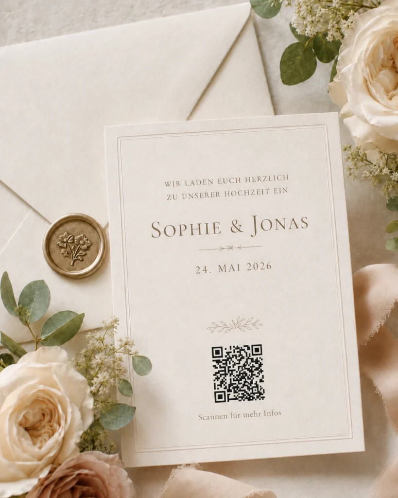 Hochzeitseinladung mit dezent integriertem QR-Code zur Hochzeitshomepage