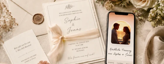 Hochzeitseinladung mit hochwertiger Papeterie und digitaler Hochzeitshomepage auf einem Tablet